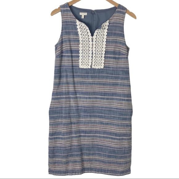 TALBOTS Sleeveless Cotton Stripe Split neck Sheath Dress 6 Blue Pockets - Picture 2 of 13